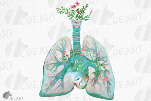Floral Anatomical Lungs with Heart Graphics