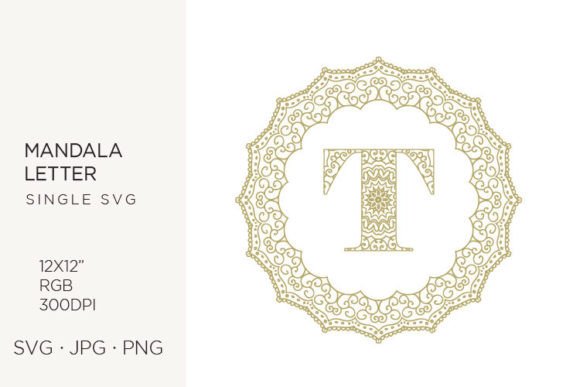 Golden Floral Mandala Frame, Letter T