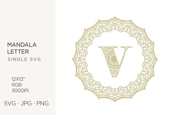Golden Floral Mandala Frame, Letter V: Graphics & Icons