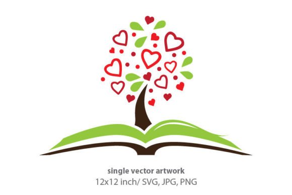 Open Book and Tree with Red Hearts Graphics