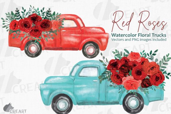 Red Rose Floral Watercolor Trucks Decor: Graphics & Print Templates