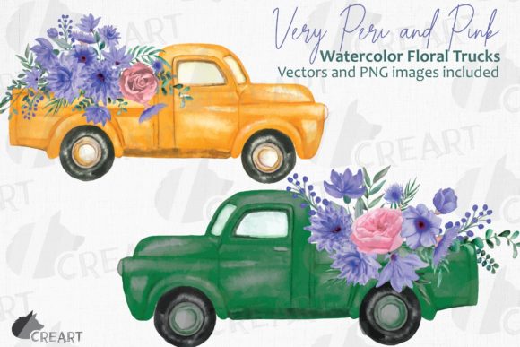 Very Peri Floral Watercolor Trucks Decor: Graphics & Print Templates
