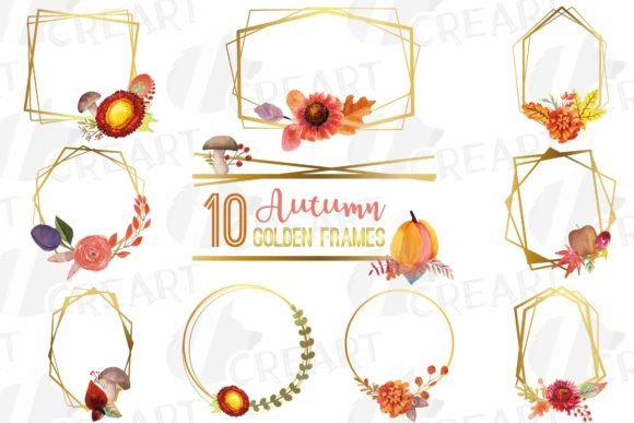 Watercolor Geometric Gold Autumn Frames: Graphics for Print Templates